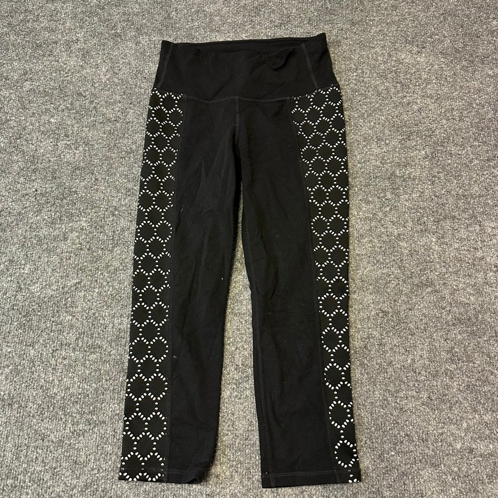 Athleta Leggings Womens Size XS Black Crop High Rise Laser Cut Geometric Pattern